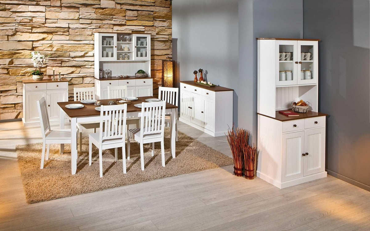 Dressoir met 3 deuren en 3 laden van water-based wit gelakt massief grenen met een bruine afwerking