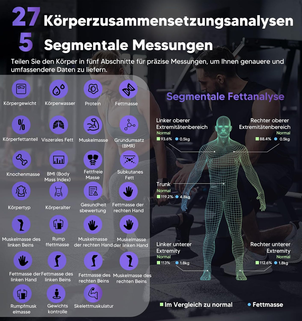 GE Lichaamsvetweegschaal GE personen: digitale weegschaal met lichaamsvet en spiermassa 8-elektroden lichaamsvetweegschaal met handsensoren BMI lichaamsgewicht spiermassa analyseapparaat, 180 kg/400
