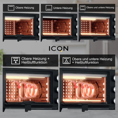ICQN Minioven 20L, pizzaoven, boven-/onderwarmte met circulatiefunctie, 5 grill-functies, 90 minuten timer, 1500 W, mini-oven, 80 °-250 °C, bakplaat/grill/kruimelplaat en plaathouder, zwart