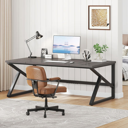IBF Lange bureaus voor thuiskantoor, groot metalen houten computerbureau voor 2 monitoren, 180 cm twee-persoons bureau voor uitvoerend werk, schrijven, studie, gaming, industrieel modern groot dubbel
