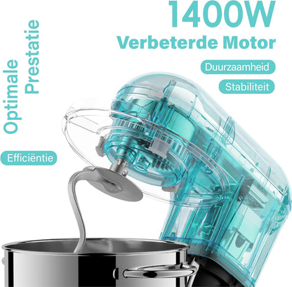 Kitchen in the box Keukenmachine, 7,5 L Staande Mixer 1400W – Deegmixer met Planetaire Mengtechniek, Menghaak, Deeghaak, Garde (Blauw)