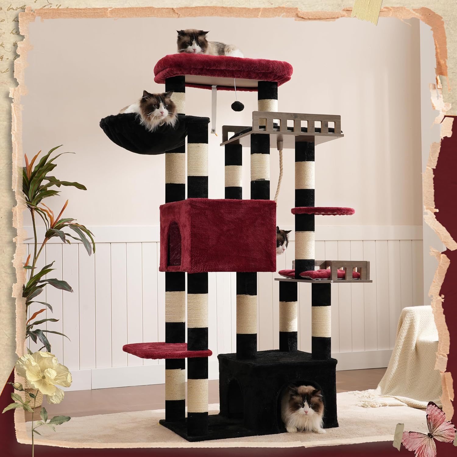 Large Cat Scratching Post for Large Adult Cats, 174 cm Cat Scratching Post with Hammock, 2 Large Sitting Bars, 2 Cat Cavities, 15 Scratching Bars, Black and Red GCT033BR - QUORE