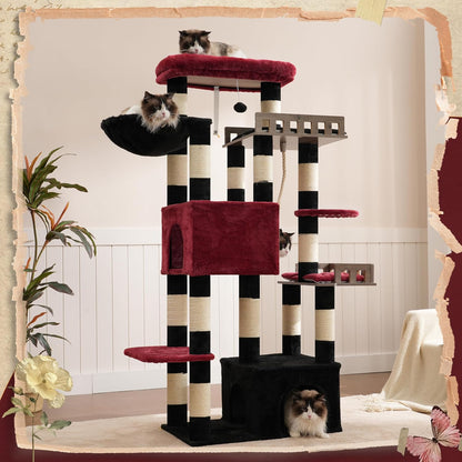 Large Cat Scratching Post for Large Adult Cats, 174 cm Cat Scratching Post with Hammock, 2 Large Sitting Bars, 2 Cat Cavities, 15 Scratching Bars, Black and Red GCT033BR - QUORE