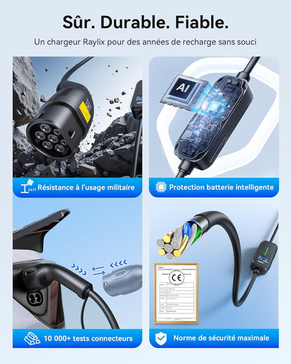 Raylix 11 kW elektrische autolader, type 2 (5 m, 6 A - 16 A, driefasig) met elektriciteitsmeter, instelbare intensiteit en uitgesteld opladen, laadstation 11 kW driefasig, compatibel met type 2