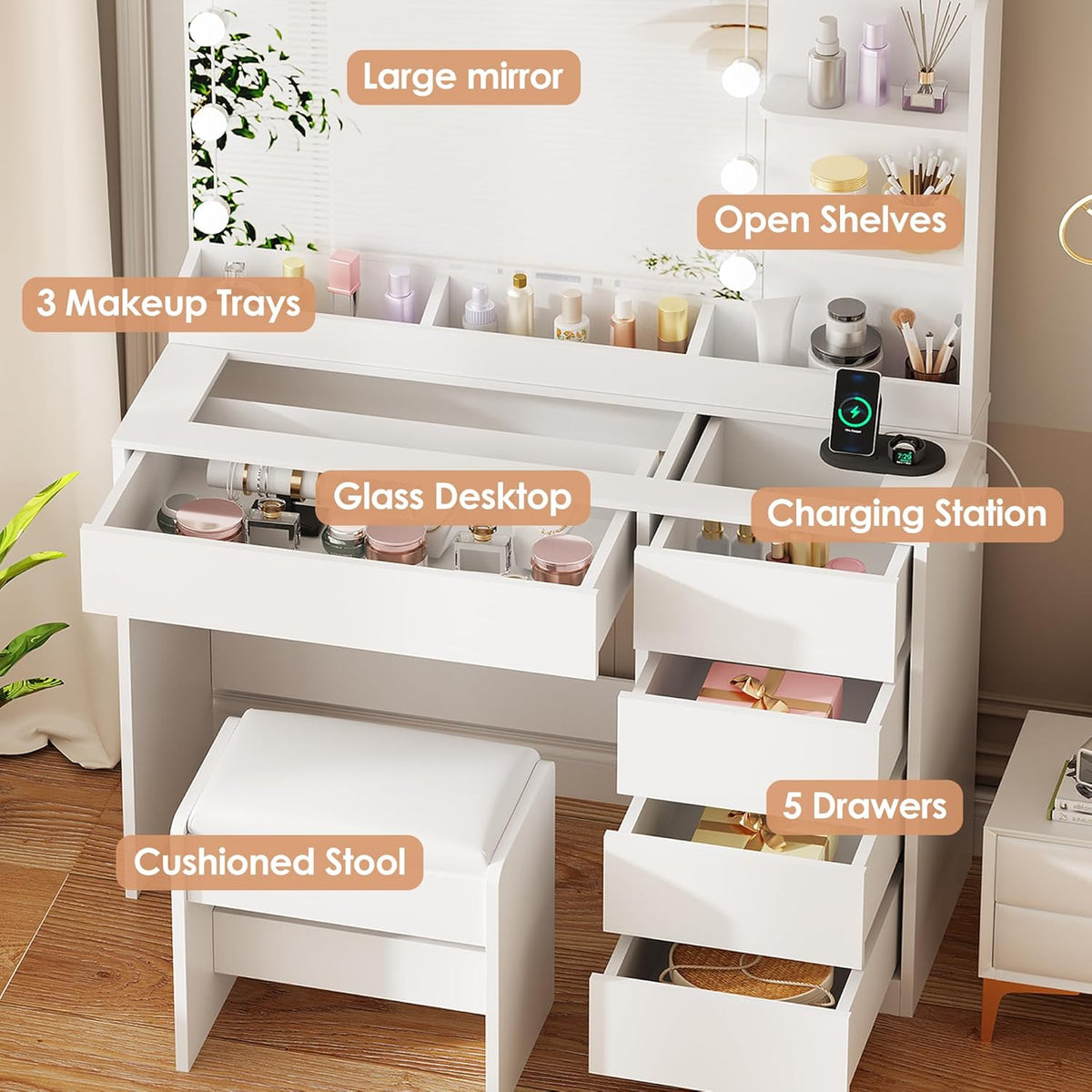 ANWBROAD Makeup Table with LED Lighting and Stool, Dressing Table with Sockets and Large Mirror, Dressing Table with 5 Drawers, Open Shelves, Modern, White BDT74W - QUORE