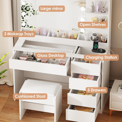 ANWBROAD Makeup Table with LED Lighting and Stool, Dressing Table with Sockets and Large Mirror, Dressing Table with 5 Drawers, Open Shelves, Modern, White BDT74W - QUORE