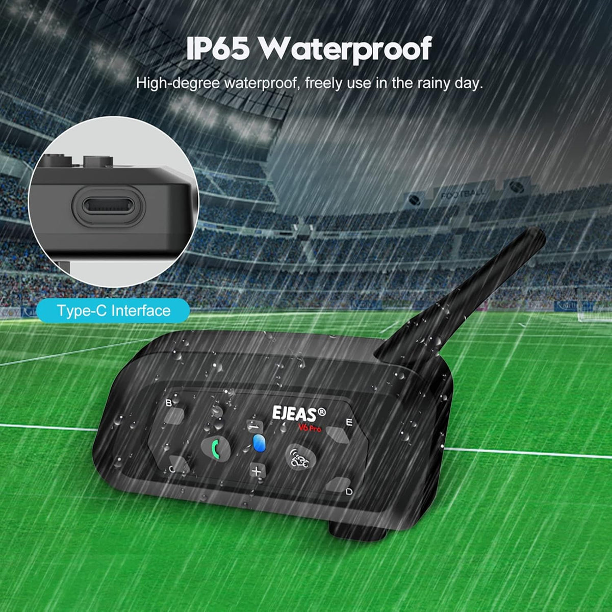 EJEAS V6C Referee Bluetooth Intercom, 850mAh Full Duplex 1200M Wireless Bluetooth Interphone with Referees Headset and Running Arm Band for Football Hockey Rugby Sport, USB-C (2-Pack)