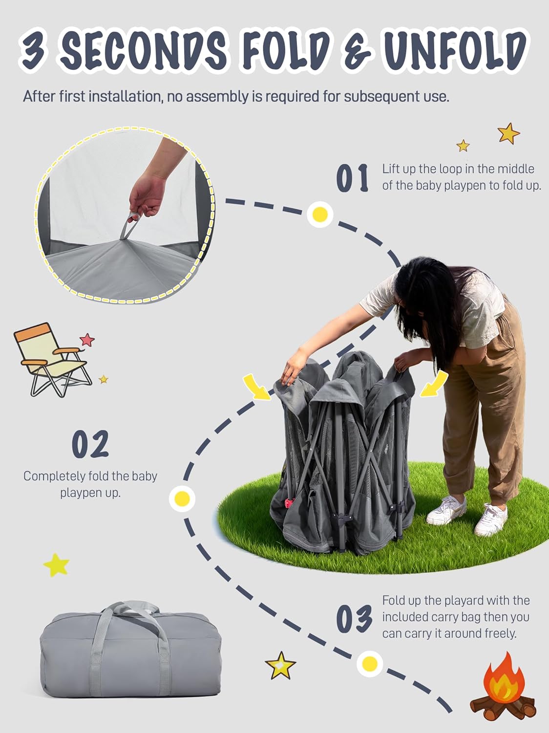 EVER ADVANCED Foldable baby playpen, grey - QUORE