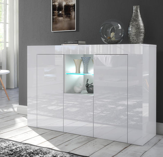 Furneo Matte & High Gloss White Cabinet Cabinet Dresser Unit Clifton05 White LED Light - QUORE