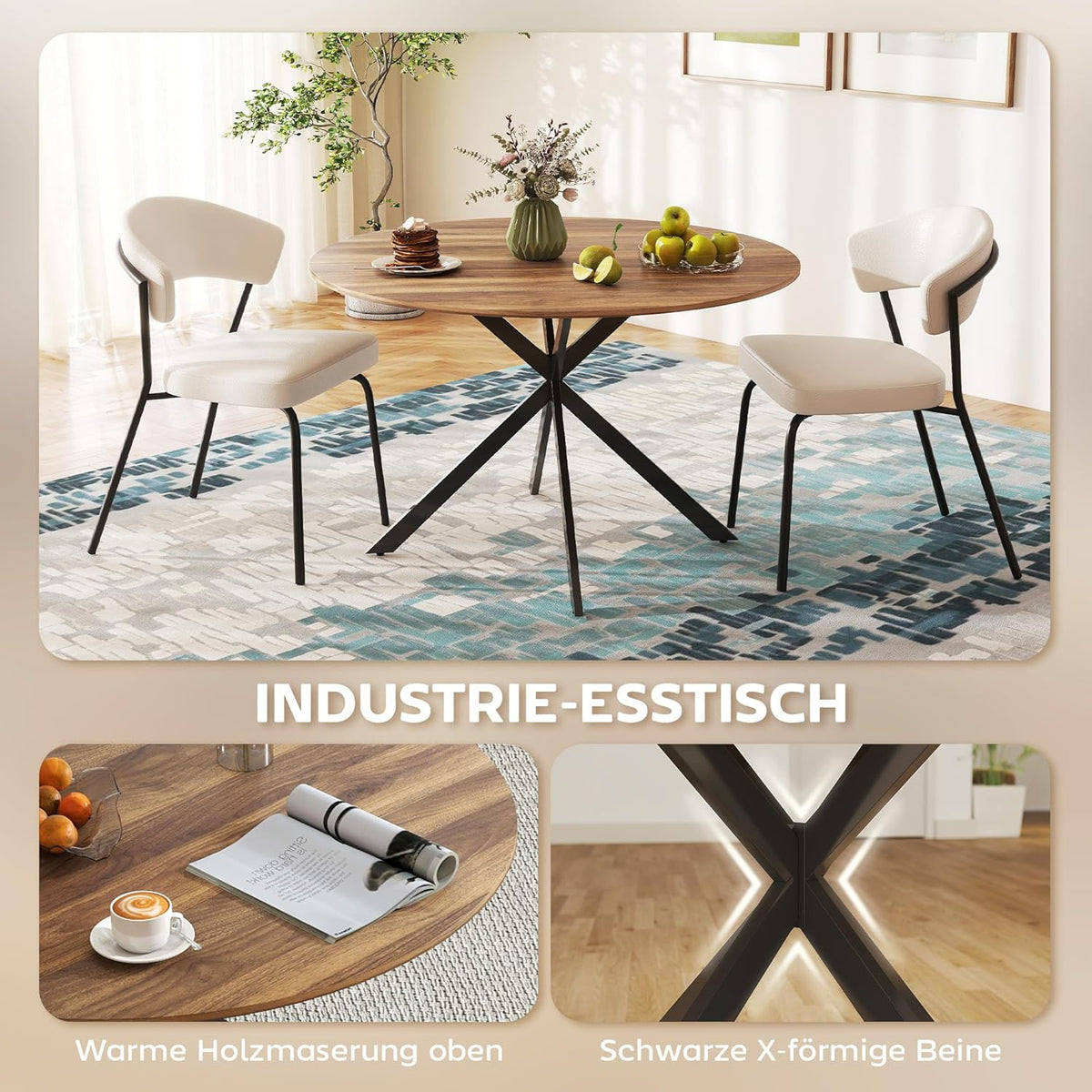 Ronde Eettafel – Industriële Tafel – Keukentafel – Eetkamertafel – Bureautafel – Ø120 cm – Stalen X-Onderstel – Krasbestendig Melamine Blad