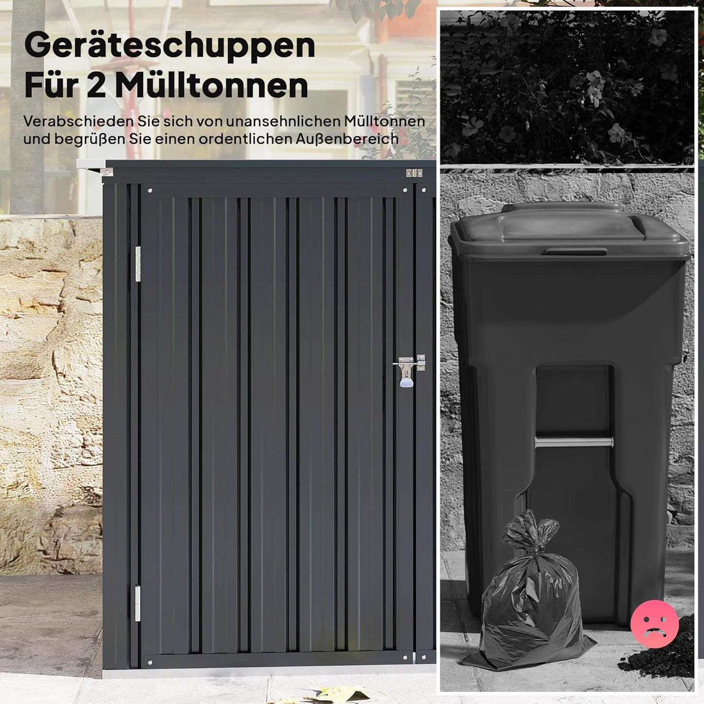 Outsunny afvalcontainerbox voor 2 containers met slot en openklapbaar deksel - Weerbestendig - Donkergrijs - Verzinkt staal - QUORE