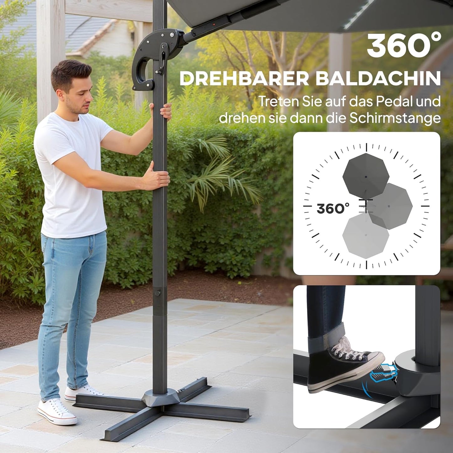 Outsunny Alu Ampelschirm LED Solar Ø300cm höhenverstellbar Sonnenschirm mit Kurbel Ständer UV50+ Wasserabweisend 360° drehbar Marktschirm neigbar Gartenschirm Sonnenschutz für Garten Balcony - QUORE