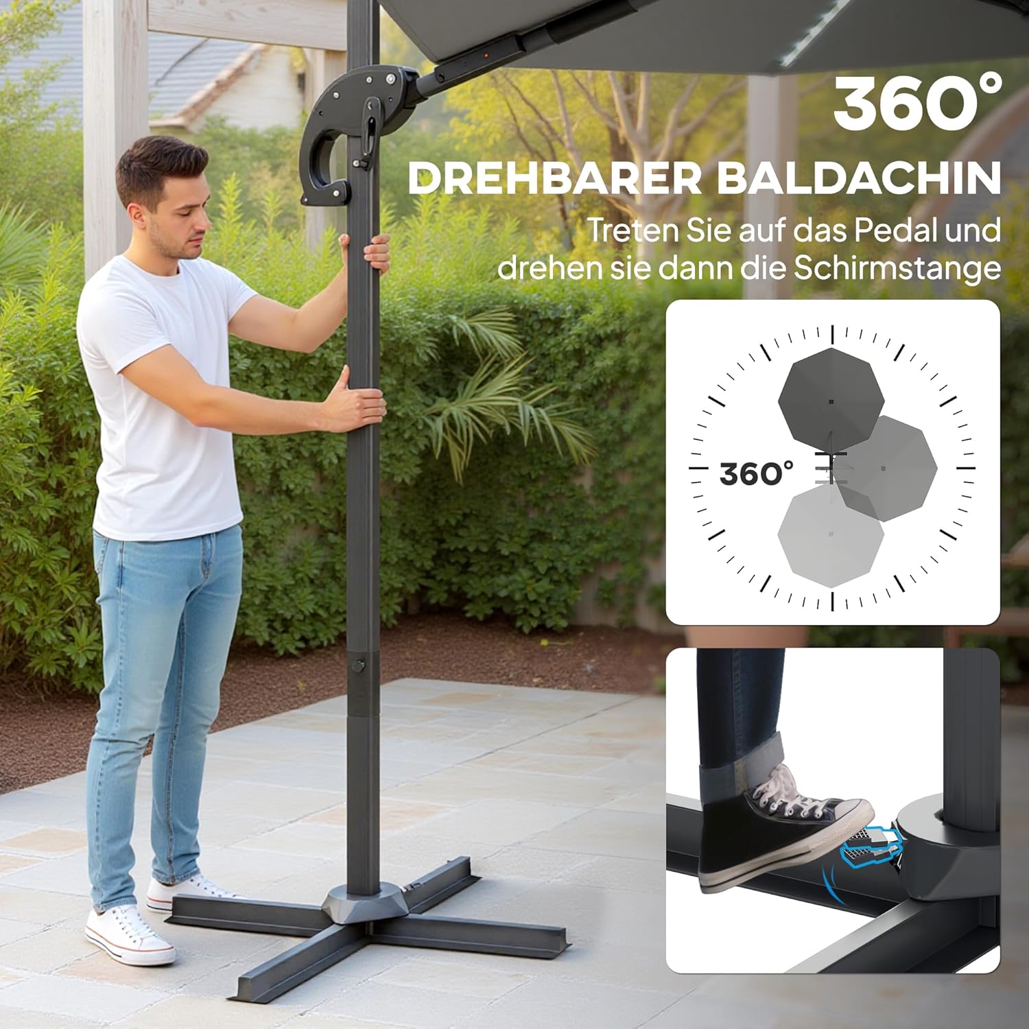 Outsunny Alu Ampelschirm LED Solar Ø300cm höhenverstellbar Sonnenschirm mit Kurbel Ständer UV50+ Wasserabweisend 360° drehbar Marktschirm neigbar Gartenschirm Sonnenschutz für Garten Balcony - QUORE