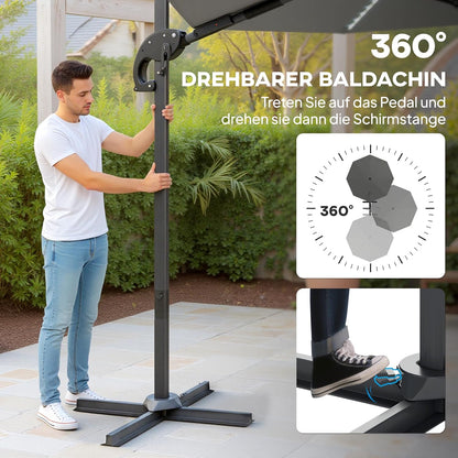 Outsunny Alu Ampelschirm LED Solar Ø300cm höhenverstellbar Sonnenschirm mit Kurbel Ständer UV50+ Wasserabweisend 360° drehbar Marktschirm neigbar Gartenschirm Sonnenschutz für Garten Balcony - QUORE