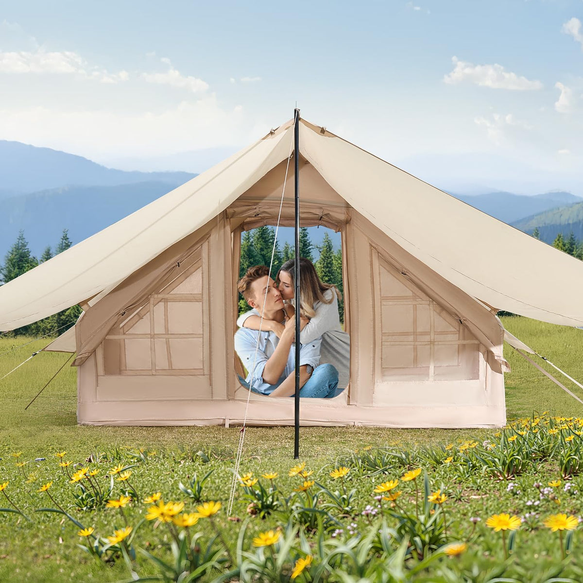 VEVOR Opblaasbare tenten voor kamperen, eenvoudige installatie opblaasbare kampeertenten met handpomp, 300D Oxford 4 seizoenen glampingtent met kachelaansluiting, opbergtas inbegrepen voor eenvoudig