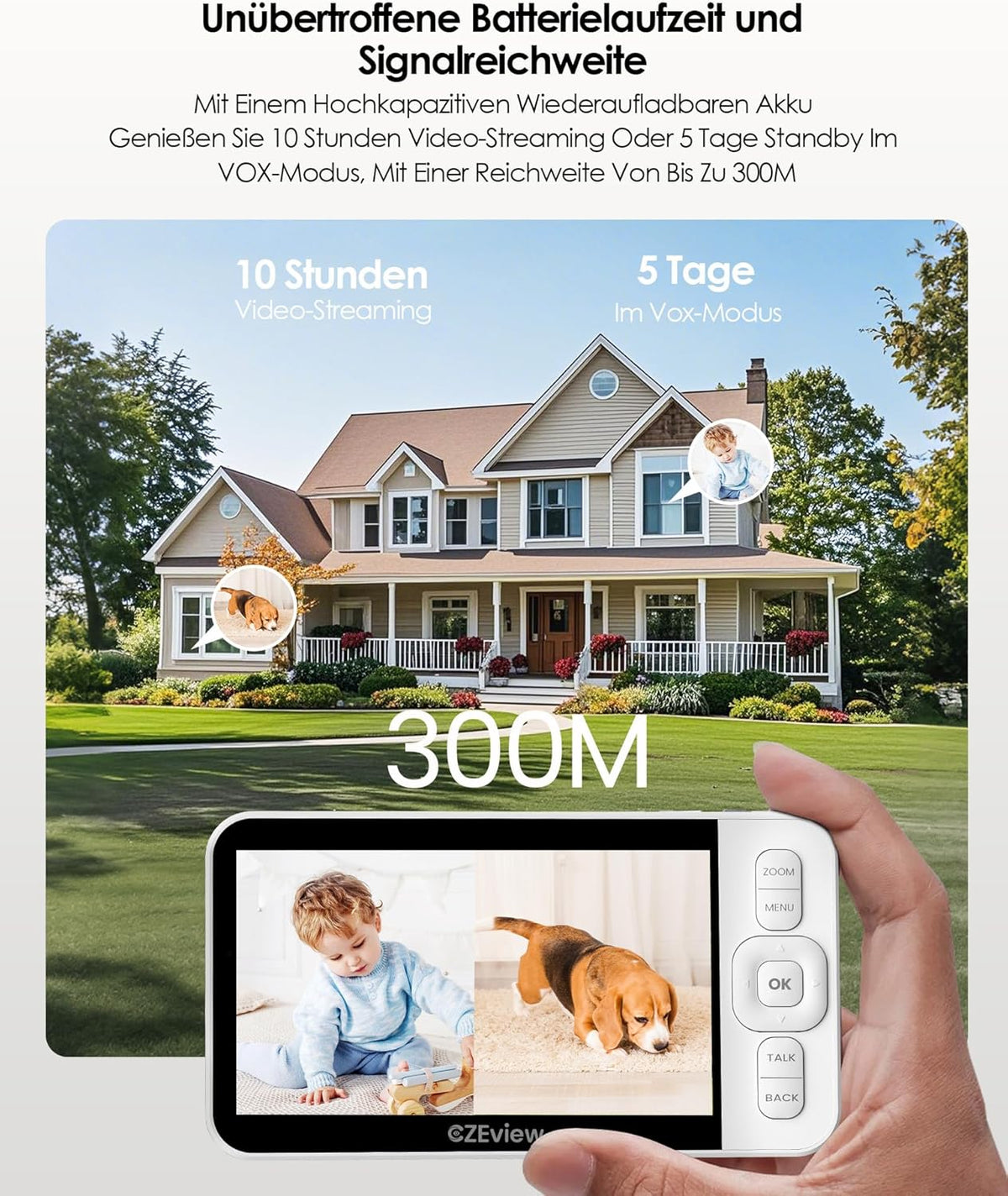 Babyfoon Met 2 Kameras En APP, 2K/5,0 Inch WLAN Video Babyfoon, PTZ 360°, IR-Nachtsicht, Automatische Volging, 4× Zoom, Herkenning Van Huilen/Beweging/Geluiden, Alarm, Temperatuurweergave