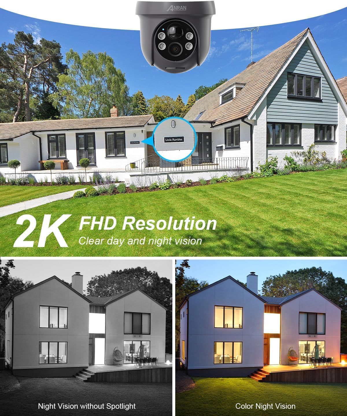 ANRAN 2K HD Bewakingscamera Batterij Buiten Wi-Fi, 360 Graden Draaibare Draadloze Bewakingscamera met Zonnepaneel, PIR Bewegingsdetector met Overstromingslicht, 2-Weg Audio, Nachtzicht, Q01 Grijs