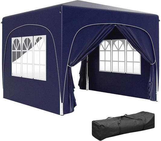 Outsunny Pavillon 3x3m, wasserabweisend Stabil Winterfest Pop-up Faltpavillon, UV Schutz 50+, Faltbar Partyzelt Gartenzelt mit 4 Seitenteilen Tasche Gartenpavillon für Camping Garten, Dunkelblau - QUORE