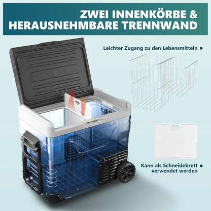 EUHOMY Auto-koelkast-compressor, 50 liter, -20 °C tot +20 °C, 12 V/220 V, stille campingkoelbox met app en wielen, draagbare vriezer voor outdoor, reizen, vissen (geluidsarm, zwart)