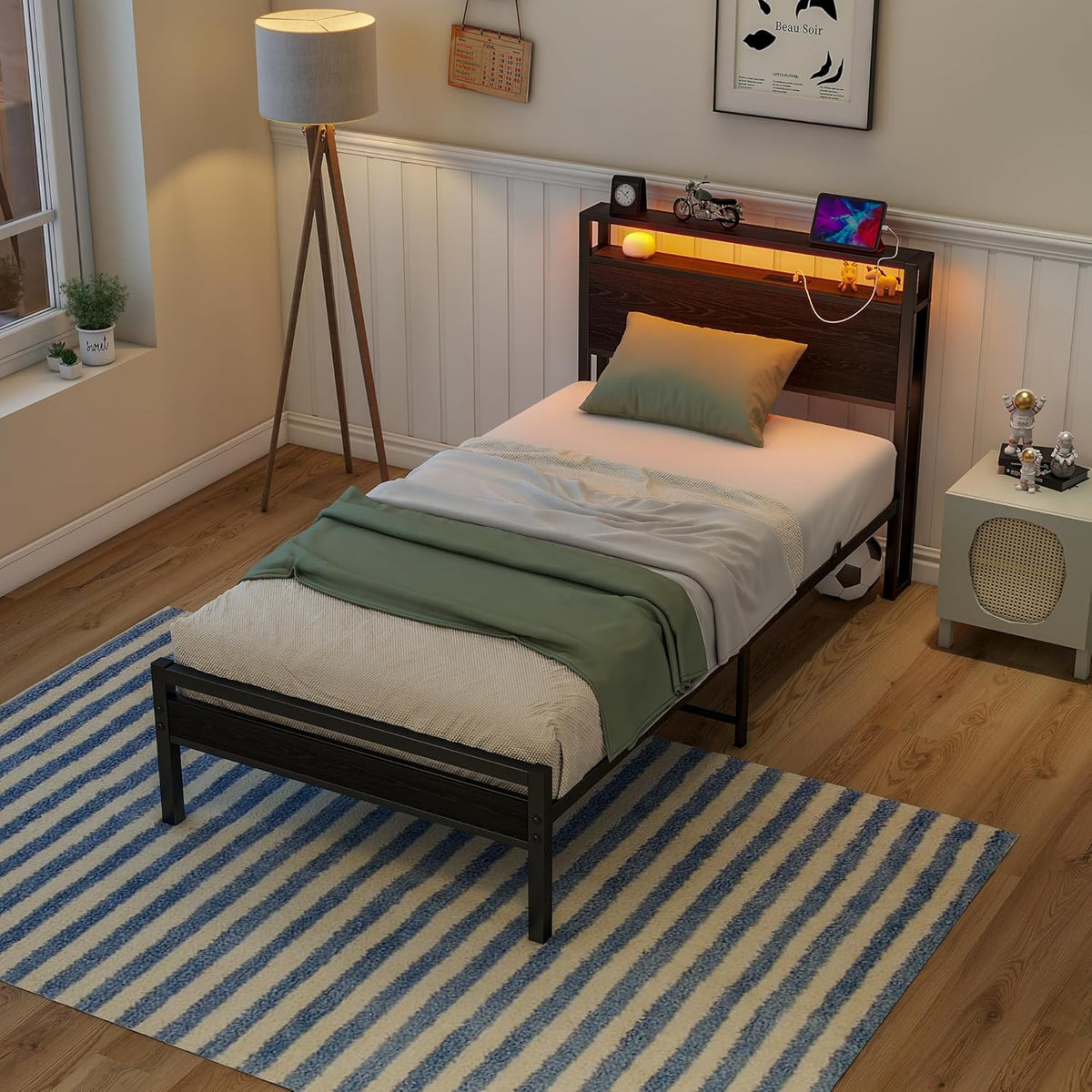 HOJINLINERO Bedframe van metaal, hout, bedframe van metaal, 90 x 200 cm met lattenbodem en USB-oplaadfunctie/led, eenpersoonsbed, logeerbed, tienerbed, 90 x 200 cm, met opbergruimte hoofdeinde