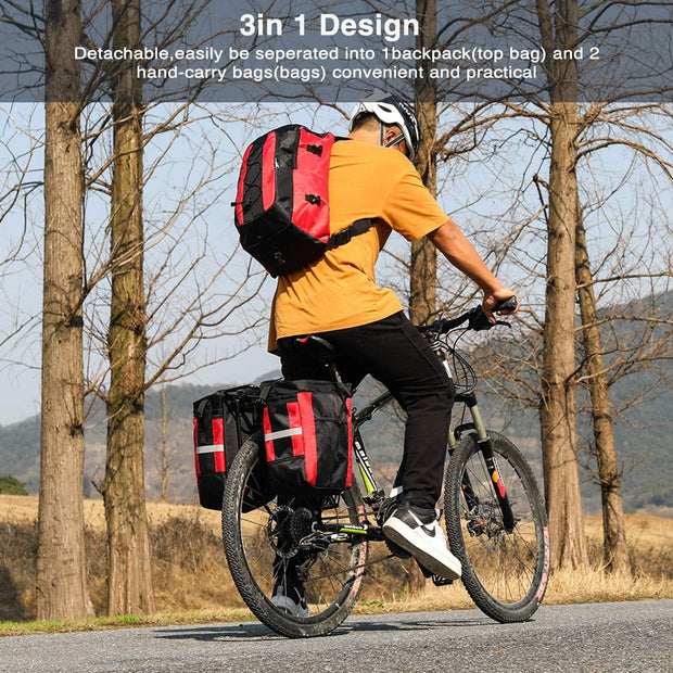 3-in-1 Fietstas - Fietstassen - Dubbele Fietstas - Multifunctioneel Bagagedragertas - Scheurvast - Grote Bagagetassen - met Regenhoes - 70L - Nylon - Rood