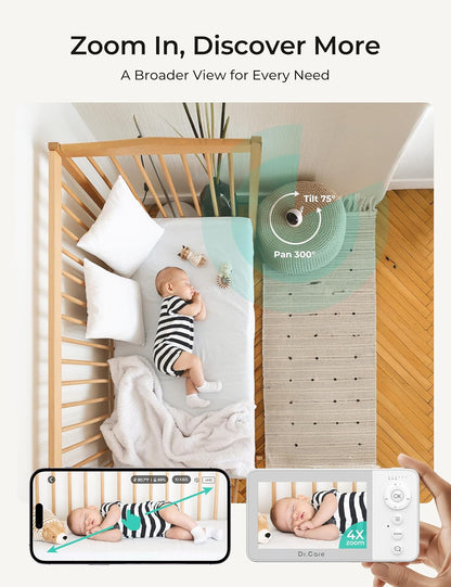 Dr.Care VistaView Lite Smart WiFi babyfoon, 2 camera's, 4 inch 720p split-scherm, 1080p app-bediening, bewegingsdetectie, nachtzicht, 2500 mAh afneembare batterij, 2-weg communicatie, 300 m bereik.