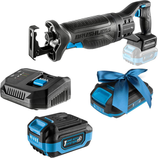 HÖGERT TECHNIK Accu-reciprozaagset, 18 V borstelloos, incl. 4,0 Ah accu en snellader, 0-3000 omw/min, 28 mm zaagbladslag, metalen transmissie, anti-vibratiegreep + PROMO 2,0 Ah accu