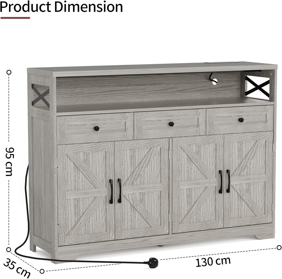 Sideboard, keukenkast met laden, opbergkast, dressoir met open plank, koffiebar kast voor keuken, eetkamer, woonkamer, 130 x 35 x 95 cm, lichtgrijs