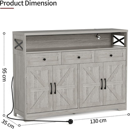 Sideboard, keukenkast met laden, opbergkast, dressoir met open plank, koffiebar kast voor keuken, eetkamer, woonkamer, 130 x 35 x 95 cm, lichtgrijs