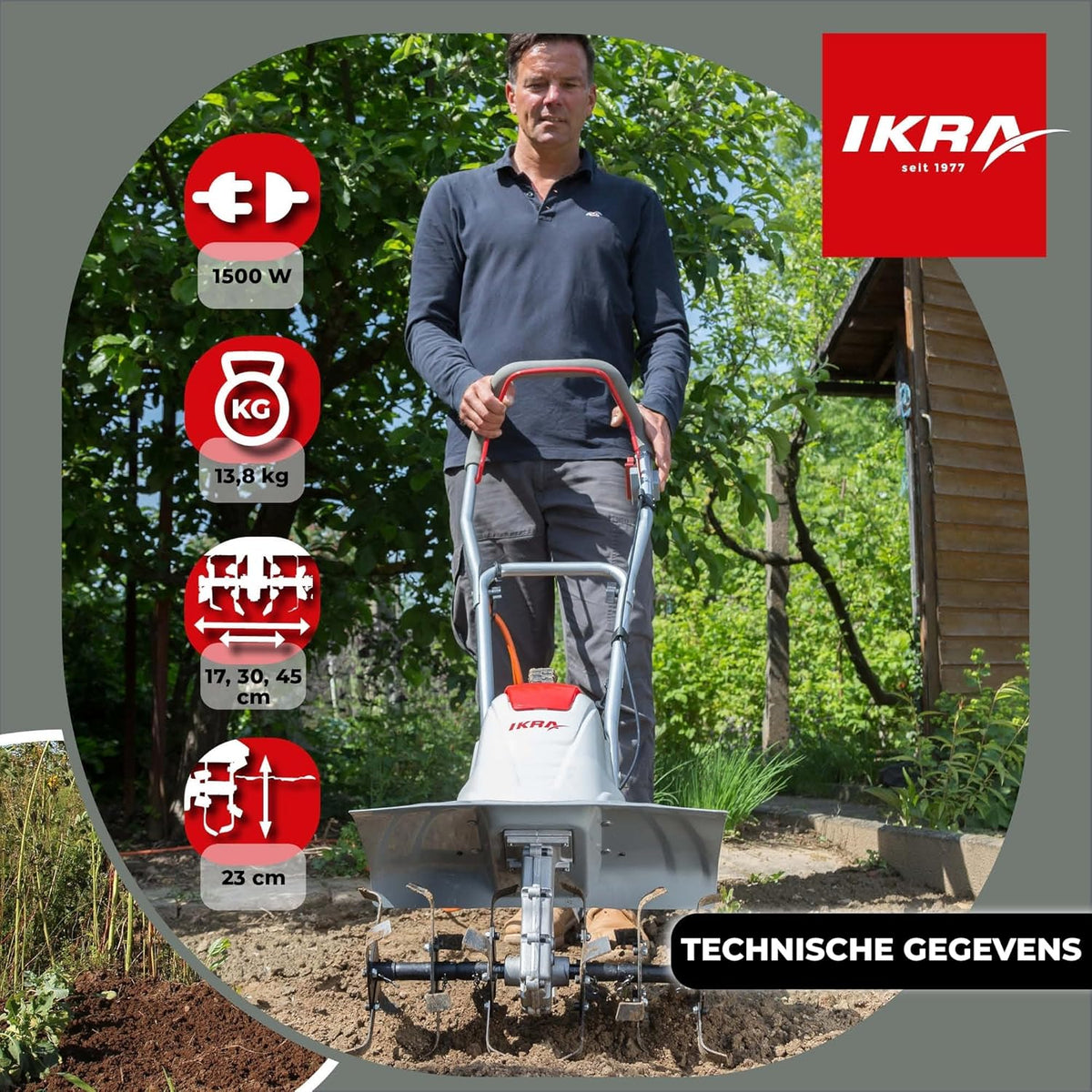 IKRA Elektrische Grondfrees Cultivator FEM 1500, flexibele werkbreedte 17-45 cm, incl. schoffelploeg (monteerbaar)