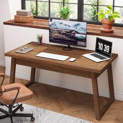 Tribesigns Home Office Executive Desk: 140cm Solid Wood Computer Desk with Drawer, Modern Study Writing Table, Rustic PC Laptop Desk, Workstation Furniture, Walnut Brown