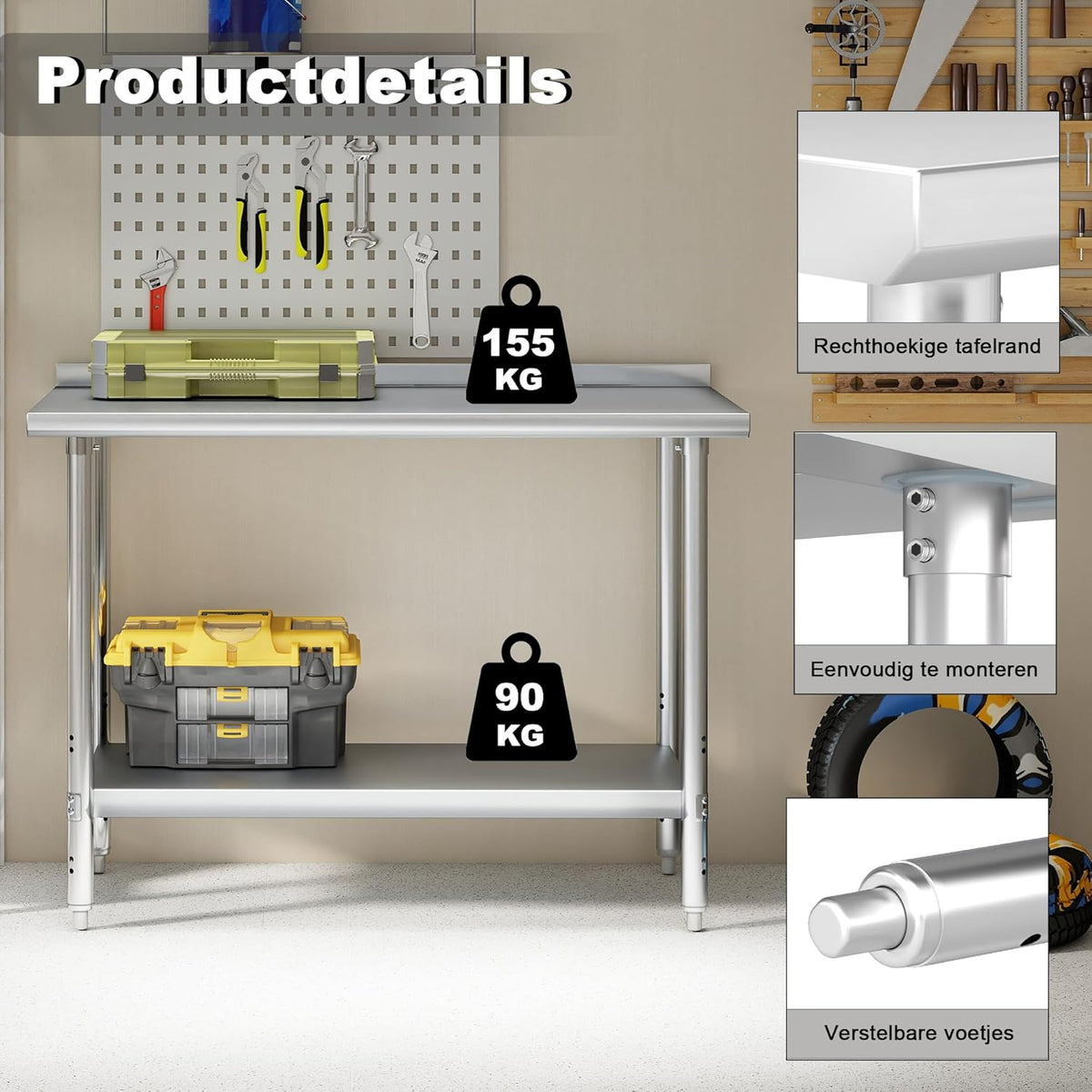 HARDURA Volledig Roestvrijstalen Tafel van 61×122 CM,Commerciële Keukenroestvrijstalen Voorbereidingstafel met Verstelbare Onderplank en Achtersplat voor Voorbereidingswerk in de Werkruimte