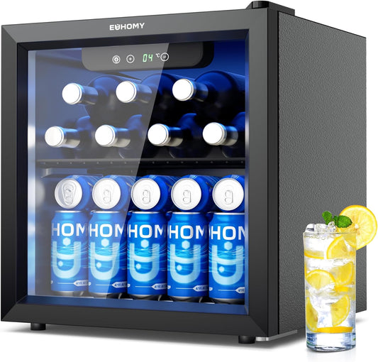 EUHOMY Drankkoelkast, mini-koelkast met glazen deur, bierkoeler, tafeldrankkoelkast voor 55 blikjes, zwart, vrijstaande koelkast met led, 38 dB, voor kantoor, kamer, bar, 36 l, geluidsarm