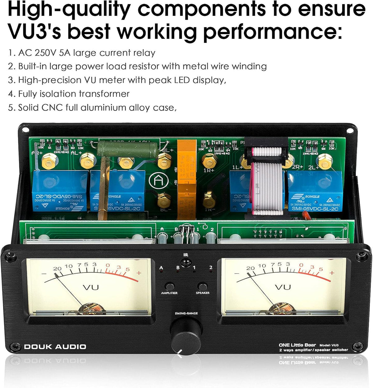 Dual Analoge VU Meter Audio Switcher 2 Way Amp/Speaker Audio Switcher Box Amp Selector DB Paneel Display