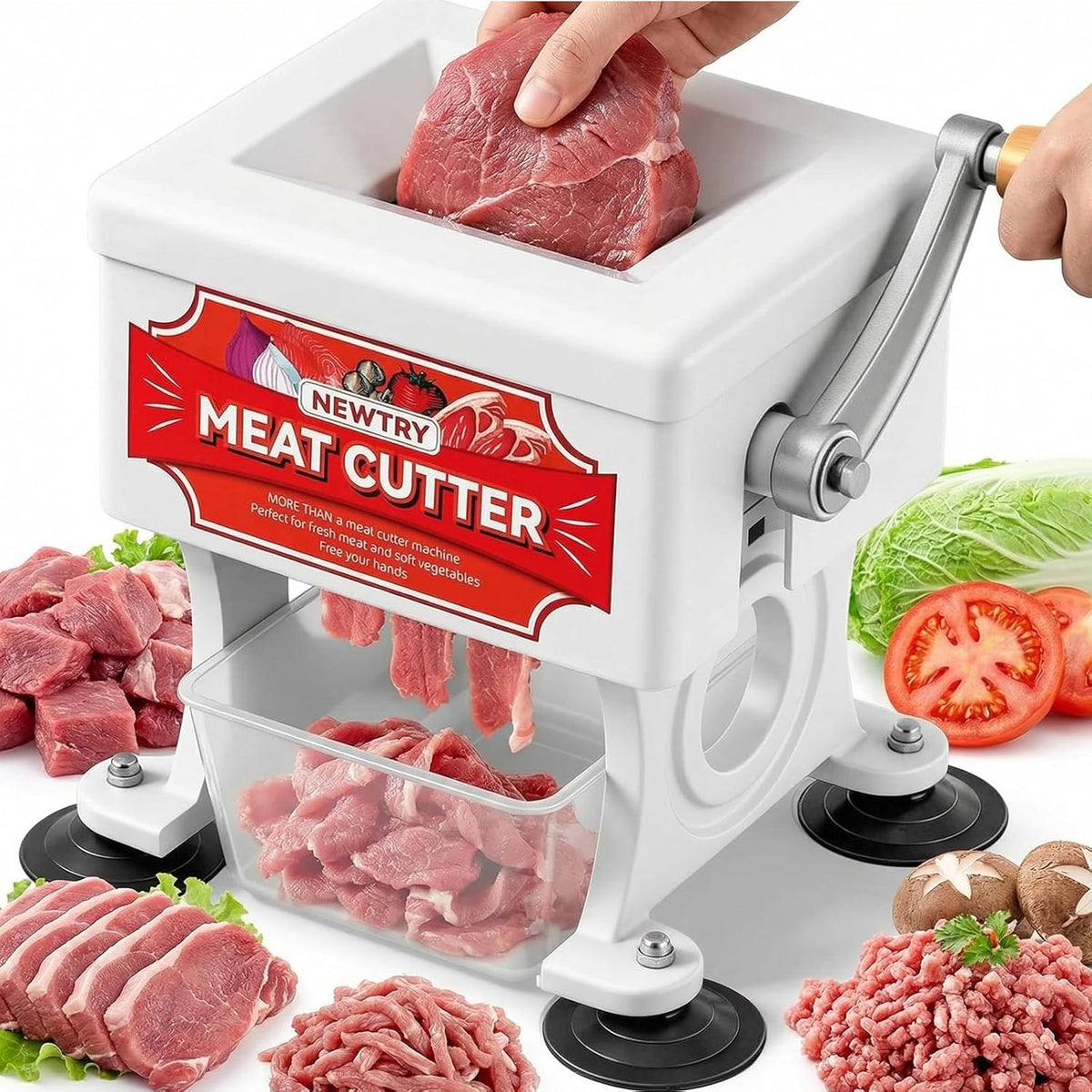 NEWTRY Handmatige vleessnijmachine snijmachine snijmachine versnippert dobbelstenen met 2,5 mm mes, onbewerkt rauw vlees snijder gemakkelijk schoon te maken afneembaar voor thuis keuken slagers