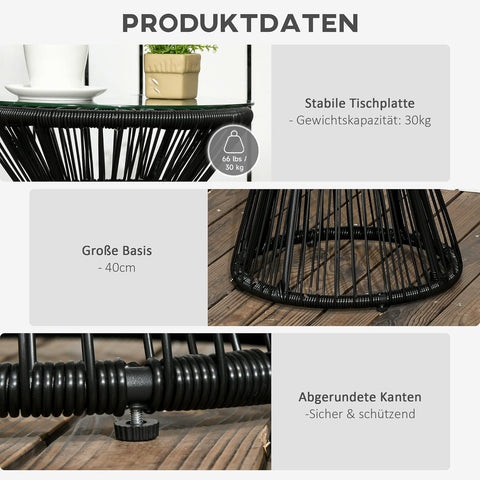 Tuintafel - Tuintafel Rond - Bijzettafeltje - Rattenbijzettafel - Bistrotafel, Salontafel - met Glazen Tafelblad - Boho-Stijl - voor Terras - Tuin - Ø40 x 42 cm - Zwart