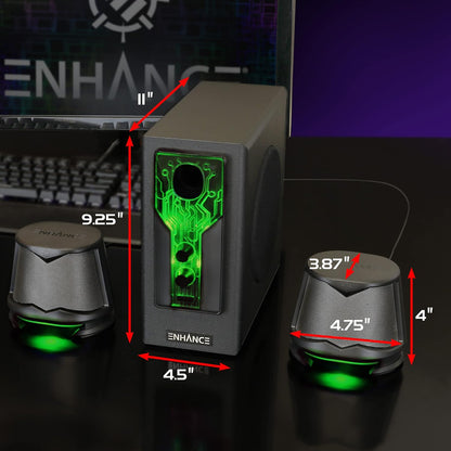 ENHANCE SB 2.1 Computerluidspreker met subwoofer – groene led-gamingluidspreker, high-excursie-geluidssysteem, AC-voeding, volume- en basregeling, compatibel met gaming-pc, desktop, laptop