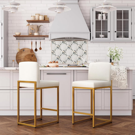 ALPHA HOME Barkruk set van 2 met rugleuning, PU-leer, keukenkruk, barstoel, set van 2 met voetensteun voor keuken, eetkamer, huisbar, stabiel metalen stalen frame, wit