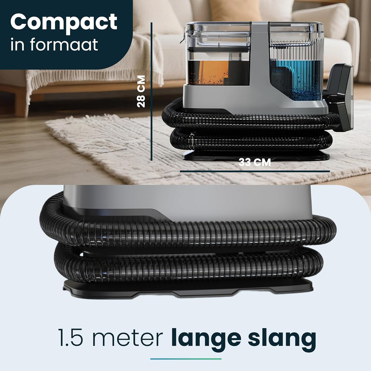 Tapijtreiniger – Vlekkenreiniger – Stoffenreiniger – Bekledingsreiniger – Meubelreiniger – Krachtige 17.000 kPA Zuigkracht – Zelfreinigende Functie Met 1,5 Meter Slang