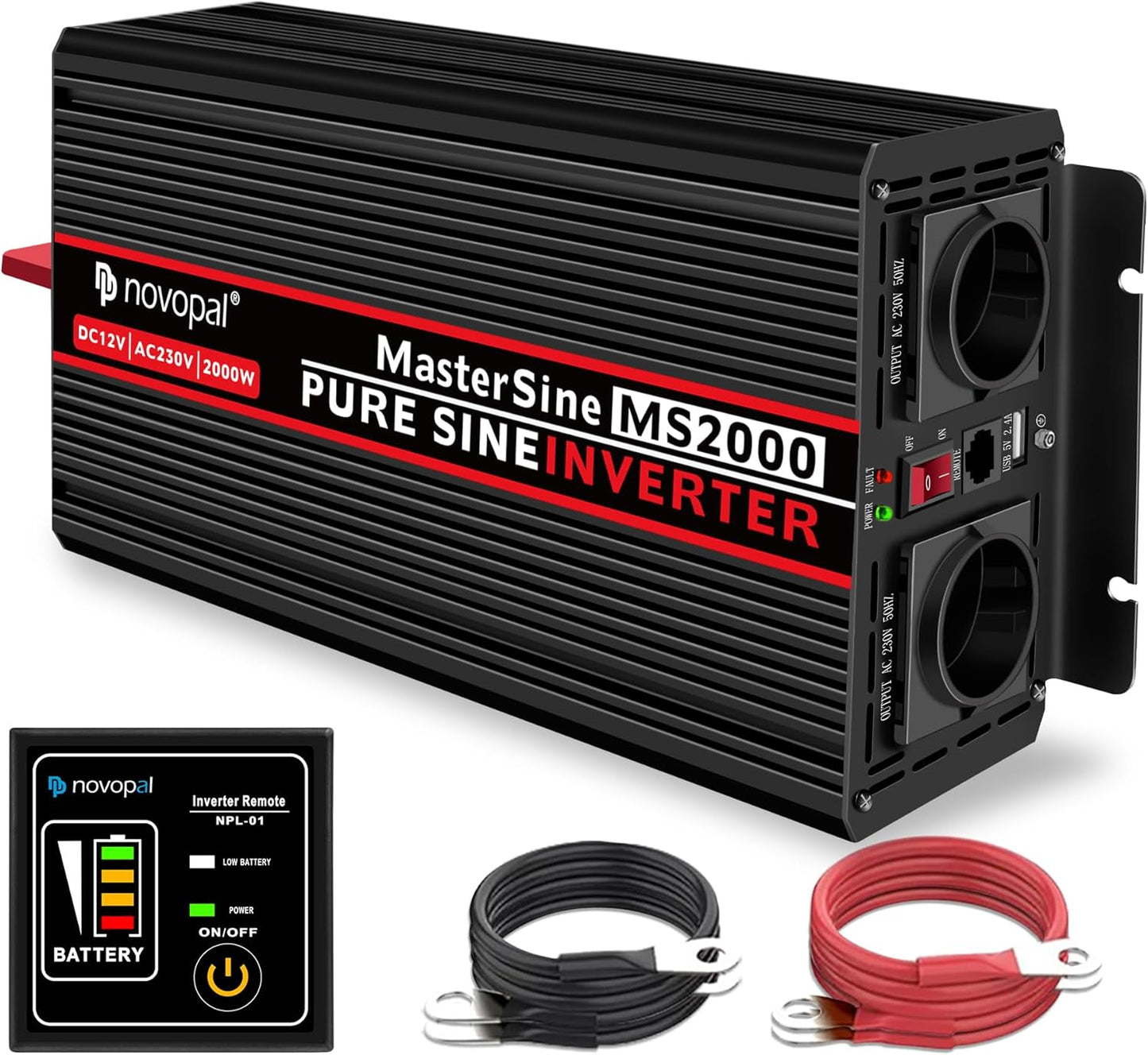 Zuivere Sinusomvormer – Spanningsomvormer – Auto-Omvormer – DC-AC Omvormer – Spanningsconverter – 2000W 12V DC Naar 230V/240V AC – 2 EU Stopcontacten Met 5 Meter Bedrade Afstandsbediening