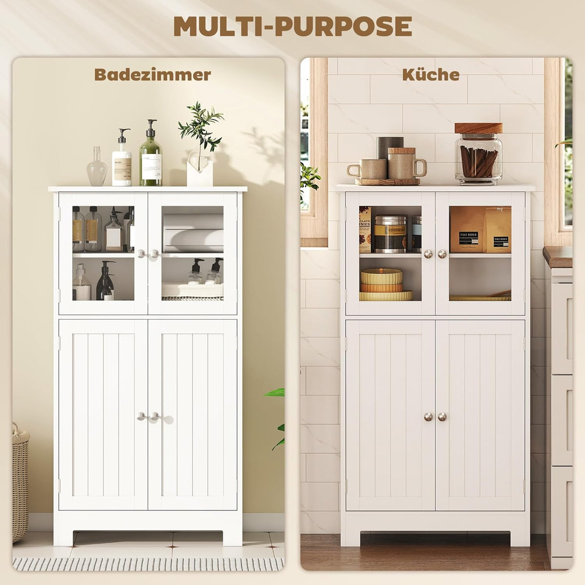 kleankin bathroom cabinet with glass doors and 2 storage compartments Storage cabinet with adjustable shelves Multi-function cabinet, anti-tilt protection, MDF, tempered glass, white, 60 x 30 x 109.5 - QUORE