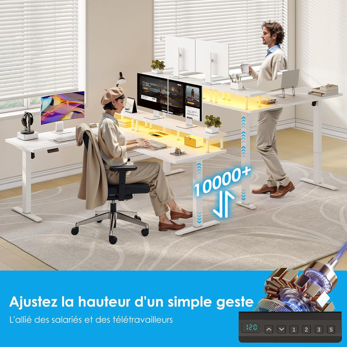 OffiGo Desk Height Adjustable, 150 x 120 cm Corner Desk Electric Standing Desk with Monitor Holder, L-Shape Electric Standing Desk with Power Outlets, Computer Desk with LED for Office, White - QUORE