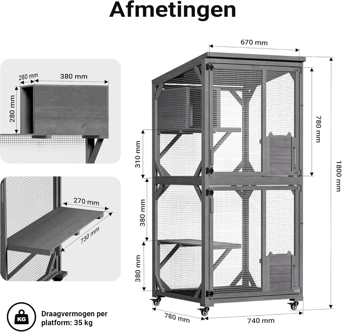 Wiltec buitenverblijf voor katten 74 x 78 x 180 cm, kattenvolière van dennenhout, kattenhuis met 3 niveaus en wielen, kattenverblijf voor tuin, balkon, kattenhut voor katten en dieren