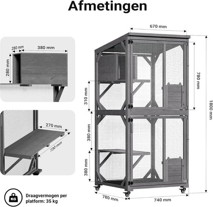 Wiltec buitenverblijf voor katten 74 x 78 x 180 cm, kattenvolière van dennenhout, kattenhuis met 3 niveaus en wielen, kattenverblijf voor tuin, balkon, kattenhut voor katten en dieren
