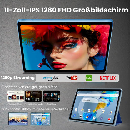 Android 16-tablet, 11 inch tablet,32GB + 128GB, uitbreidbaar tot 1TB, productiviteitsbundel met toetsenbordhoes, stylus, octa-coreprocessor, dubbele camera, wifi 6, 8000mAh-batterij (Blu)