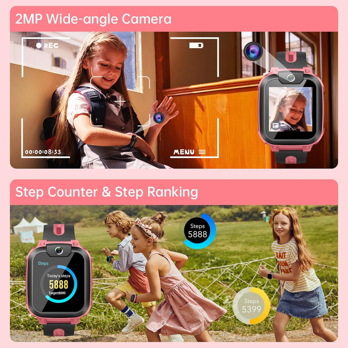 imoo Z1 Smartwatch voor kinderen met GPS, smartwatch voor kinderen met GPS en telefoon, kindersmartwatch met langdurige video en telefoonoproep, IPX8 waterdicht, roze