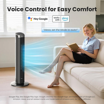 91 cm stille ventilator, 90° oscillatietorenventilator, staande ventilator met afstandsbediening en wifi, 4 standen en 4 modi, 12-uurs timer, torenventilatoren voor slaapkamer, zwart