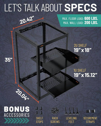 Open Frame Rack 20U – Serverrack – Netwerkrek – AV-rack – 19-Inch Rack – Open Ontwerp Voor Optimale Luchtstroom – Wandmonteerbaar Met 2 Geventileerde Planken