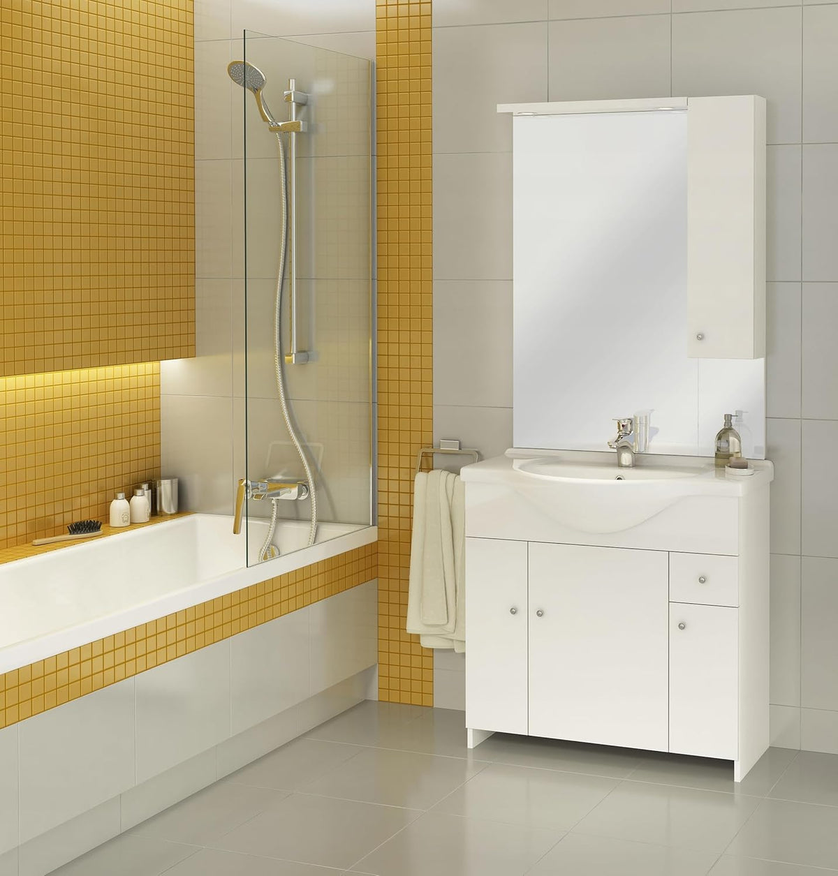 Deftrans Domodomo Bathroom Cabinet with Sink and Mirror, White, 105 cm, Bathroom Cabinet 80 x 80 x 48 cm, Ceramic Bathroom Furniture Set - QUORE