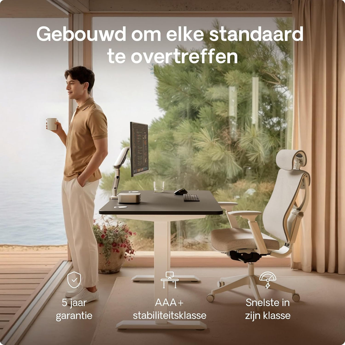 Desktronic Desk Sit-Stand - 120x60 cm - Height Adjustable Desk with USB/USB-C, 3 Memory Modes, Dual Motor and Touchscreen Control Electric Table for Comfort and Productivity. - QUORE